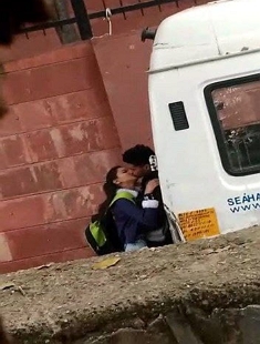 College Lover Outdoor Kissing After Class